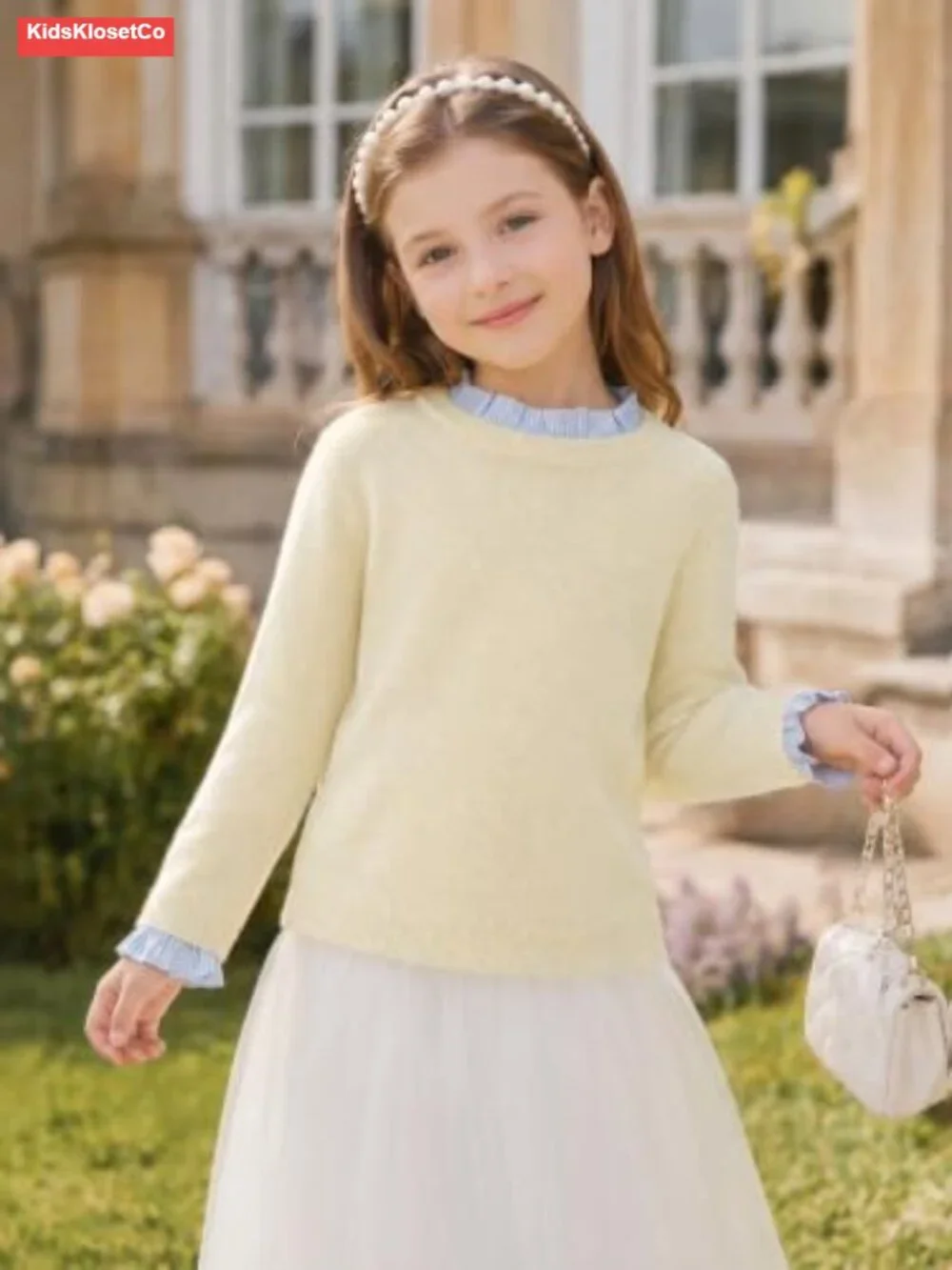 Girls Ruffle Trim Pullover Sweater Long Sleeve Knit Top